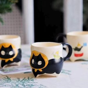 Hand-Painted Ceramic Black Cat Mug with 3D Feet