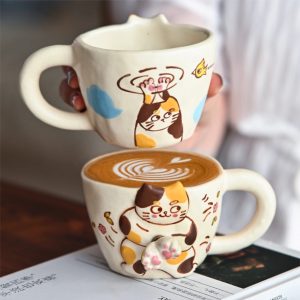 Handmade 3D Cat Paw Ceramic Mug - Cute Calico Kitten Coffee Cup