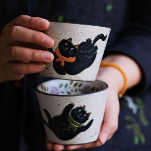 Hand-Painted Ceramic Black Cat Mug——Japanese Style